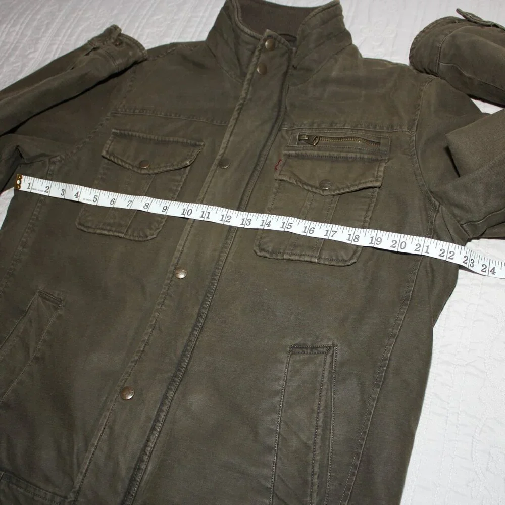 Levi's Mens Canvas feel Quilted Interior Green Heavy Coat Zip Snap Size Medium - Picture 11 of 13